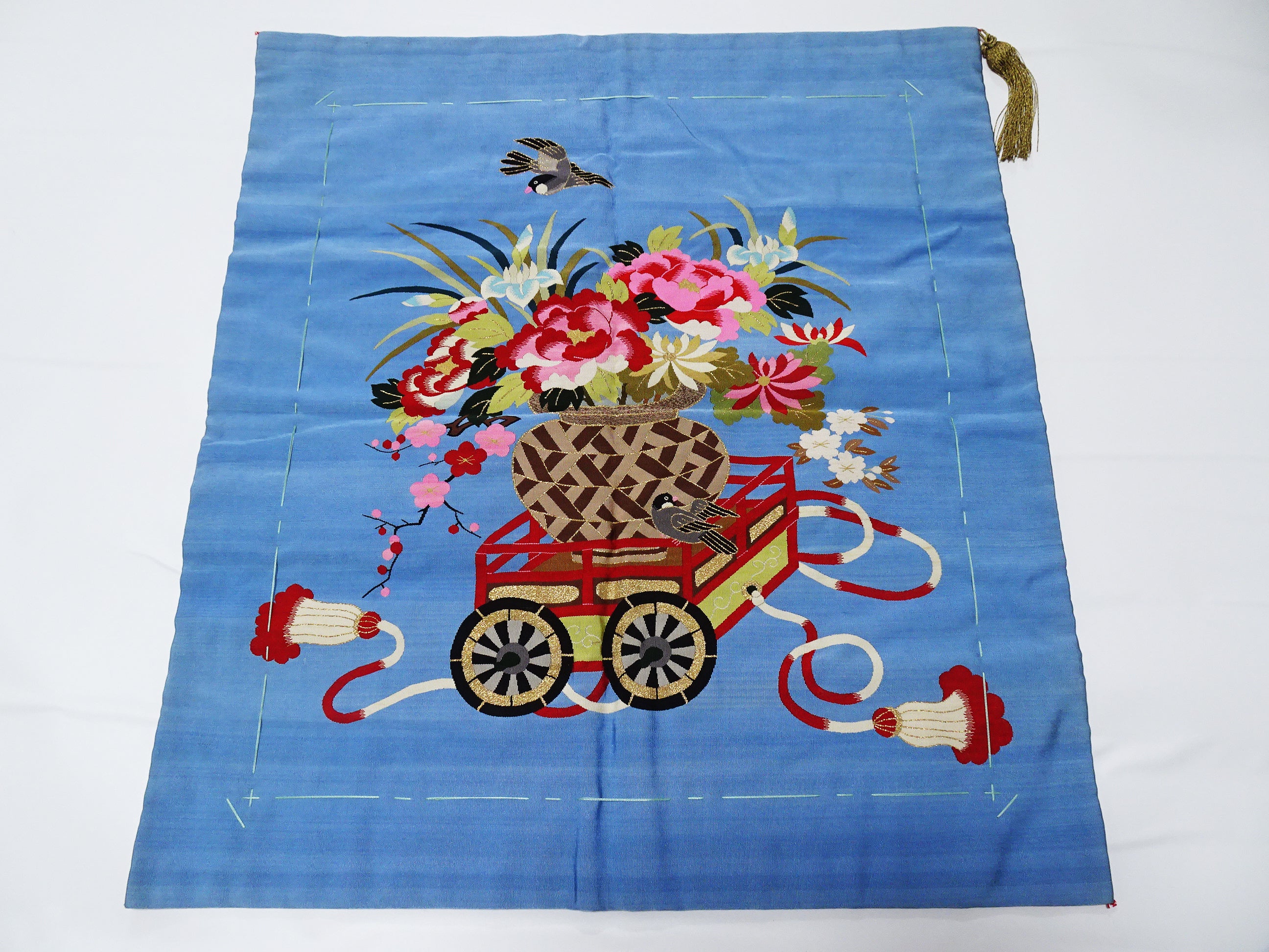 Japanese Vintage Rare Tsume Tsuzureori Fukusa FlowersCar and Swallow Pattern