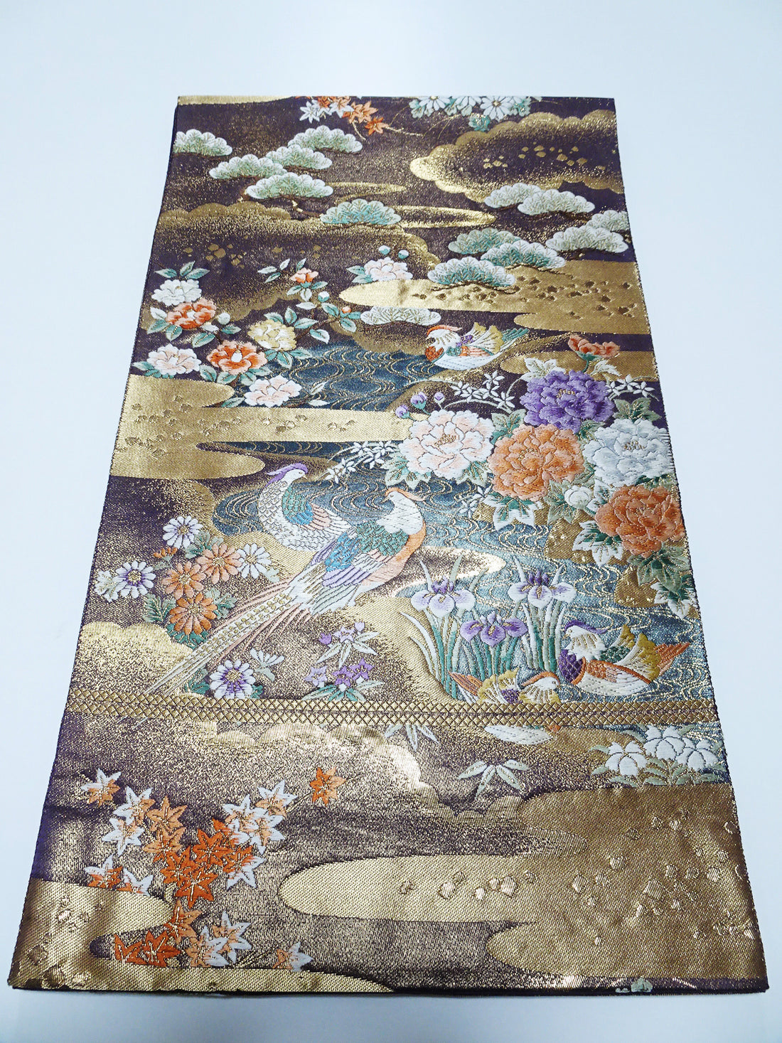 Japanese Kimono Silk Fukuro Obi 24K gold Woven pattern Bird and Flowe 12161