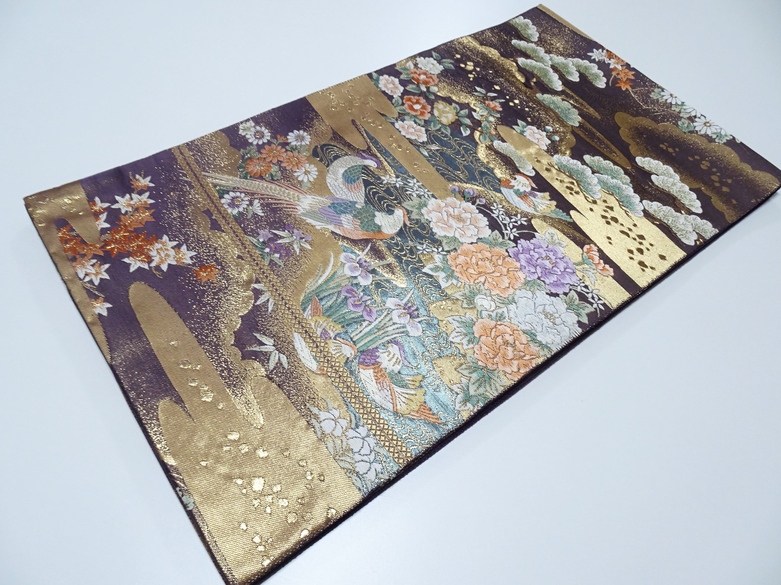 Japanese Kimono Silk Fukuro Obi 24K gold Woven pattern Bird and Flowe 12161