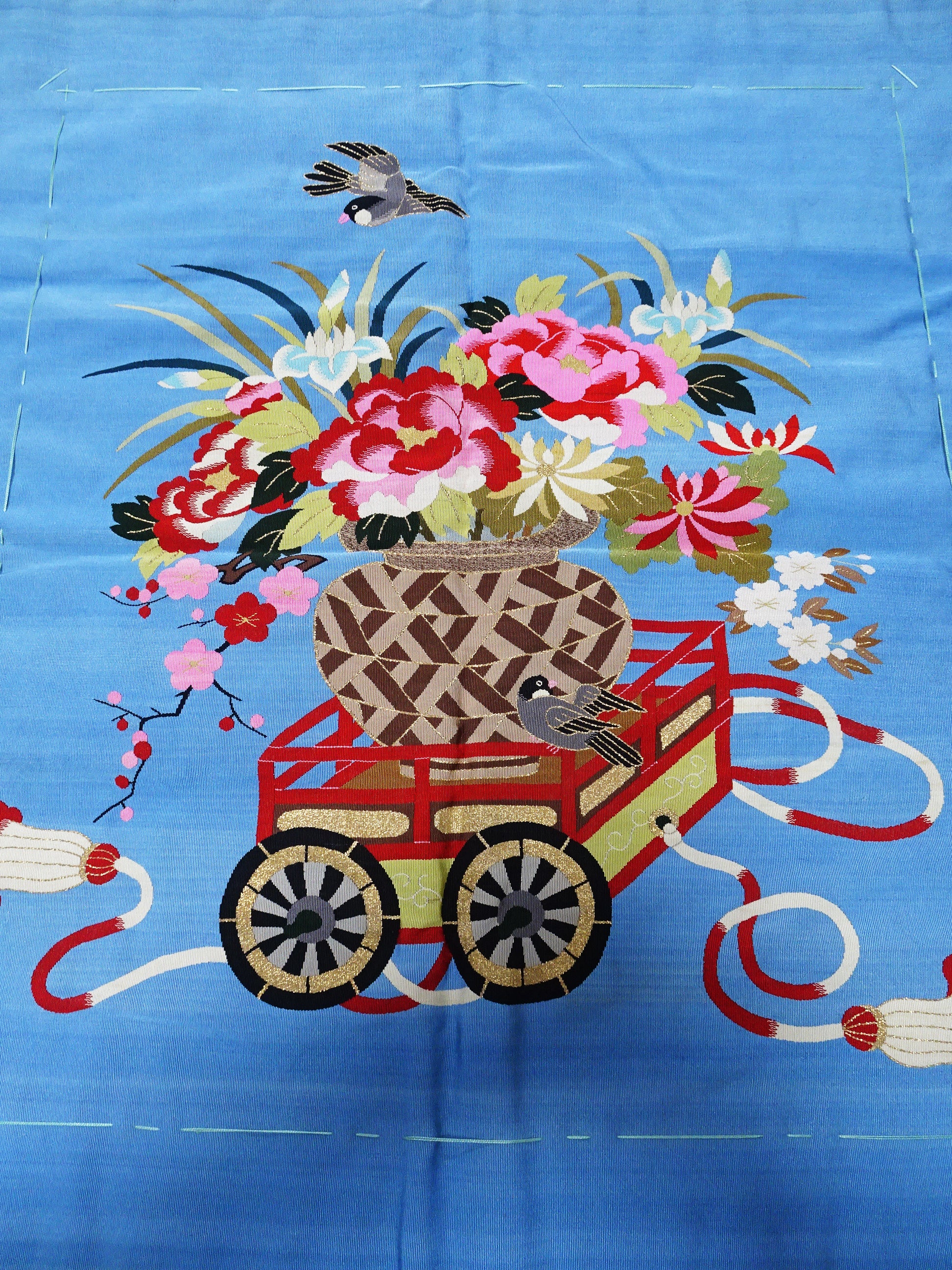 Japanese Vintage Rare Tsume Tsuzureori Fukusa FlowersCar and Swallow Pattern