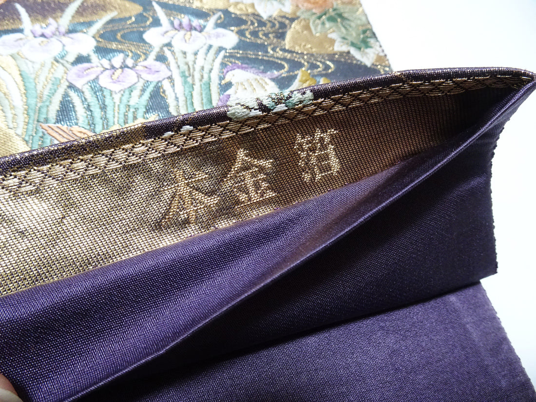 Japanese Kimono Silk Fukuro Obi 24K gold Woven pattern Bird and Flowe 12161