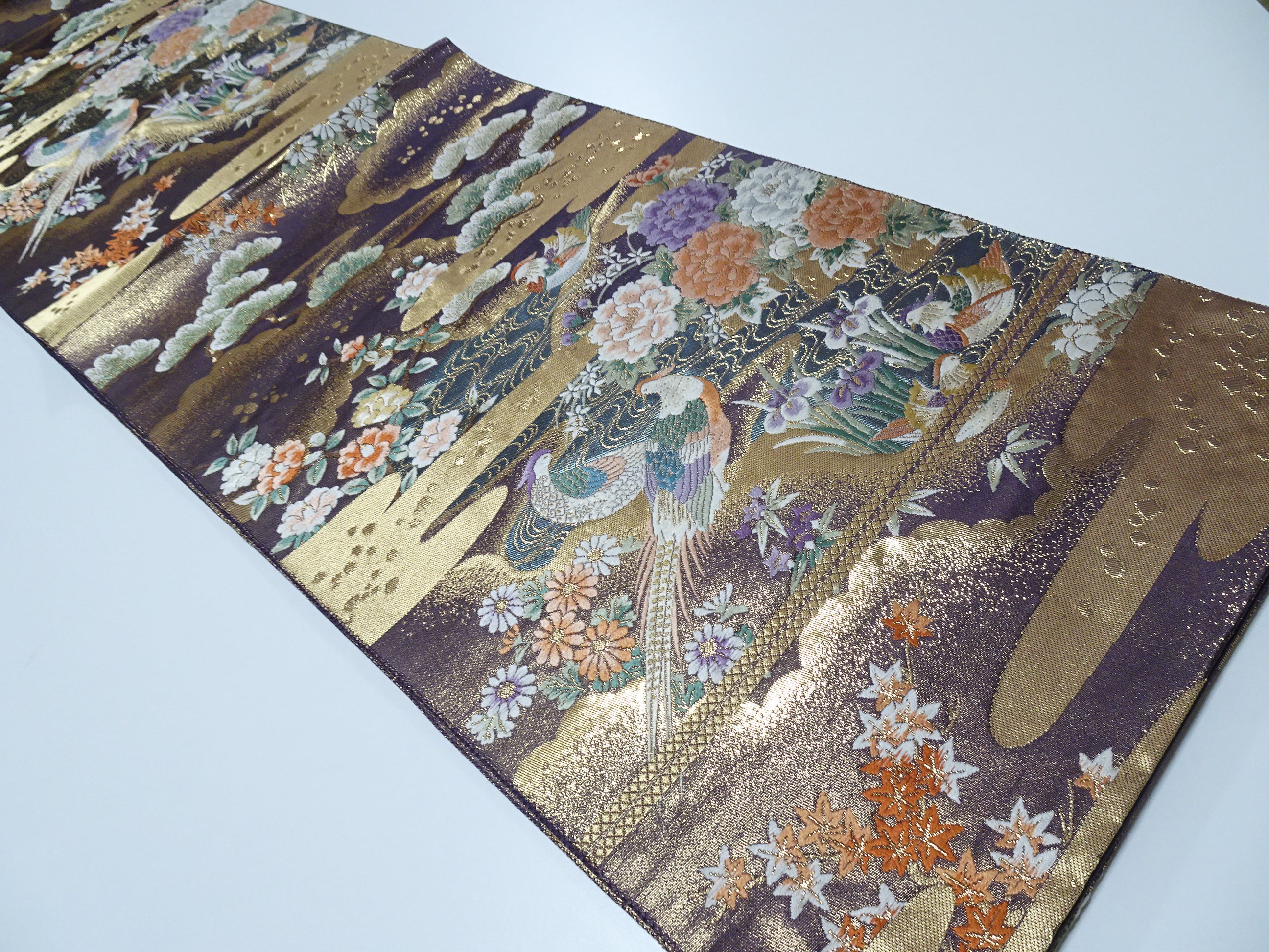 Japanese Kimono Silk Fukuro Obi 24K gold Woven pattern Bird and Flowe 12161