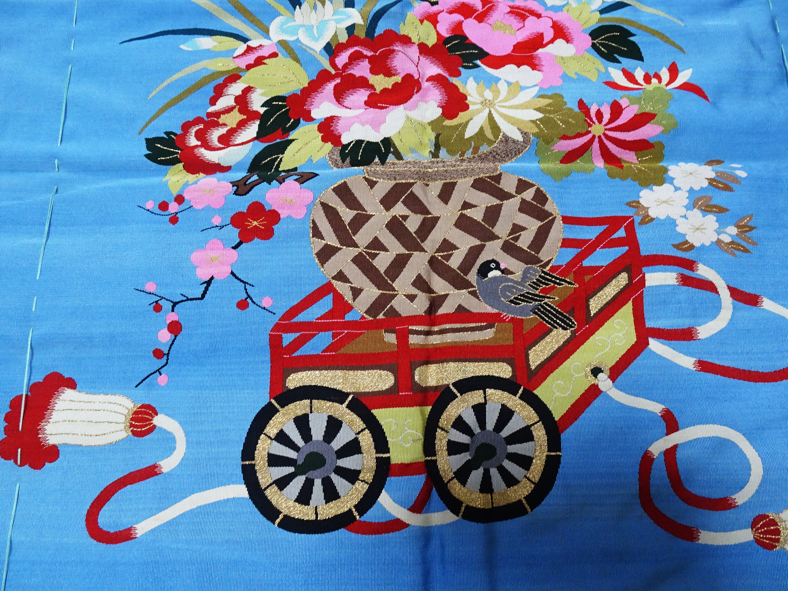 Japanese Vintage Rare Tsume Tsuzureori Fukusa FlowersCar and Swallow Pattern