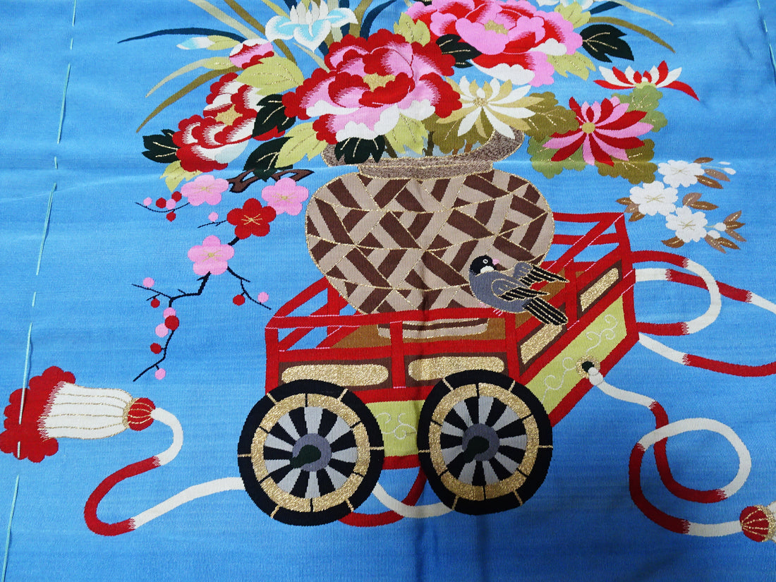 Japanese Vintage Rare Tsume Tsuzureori Fukusa FlowersCar and Swallow Pattern