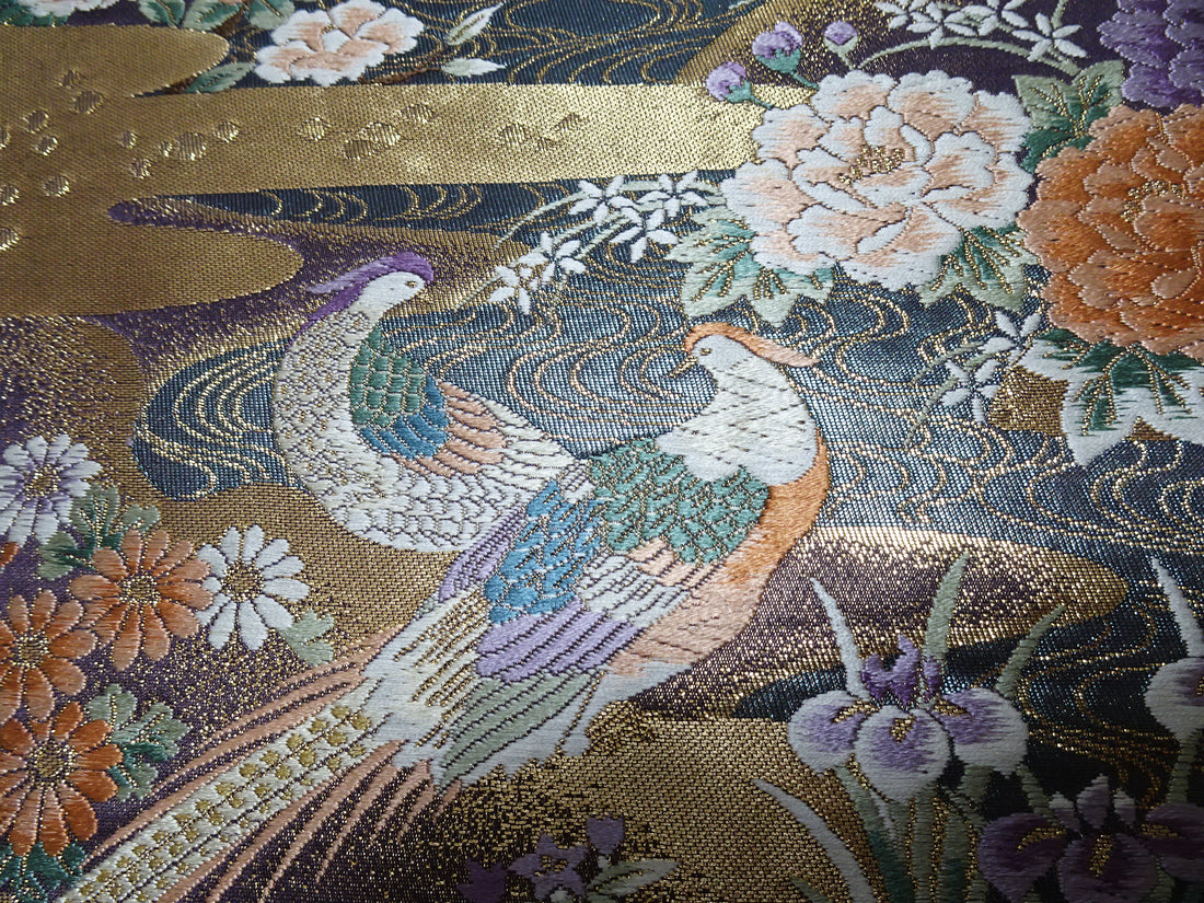 Japanese Kimono Silk Fukuro Obi 24K gold Woven pattern Bird and Flowe 12161