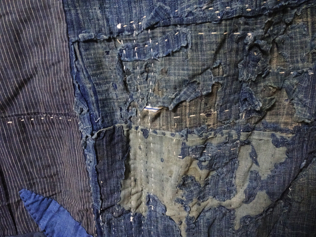 Japanese Antique Cotton Boro Ranru Sashiko kasuri Indigo dye Fabric 11605