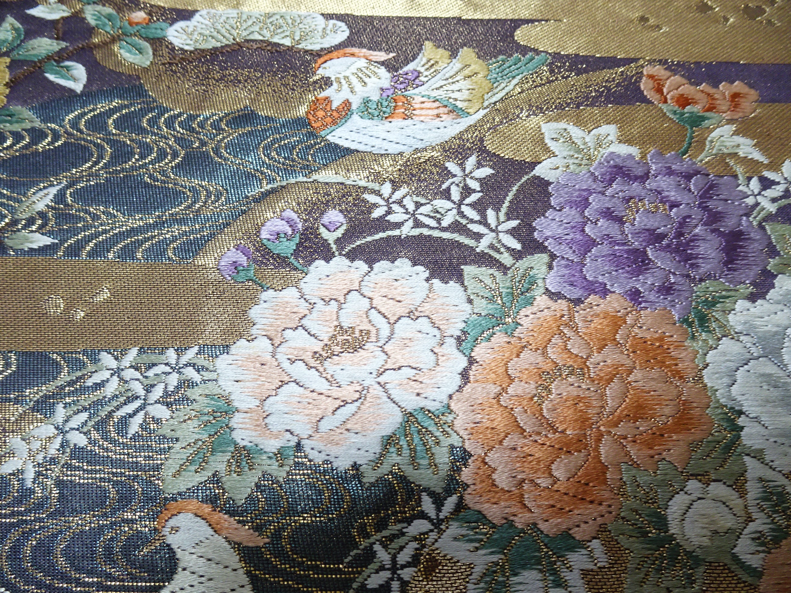 Japanese Kimono Silk Fukuro Obi 24K gold Woven pattern Bird and Flowe 12161
