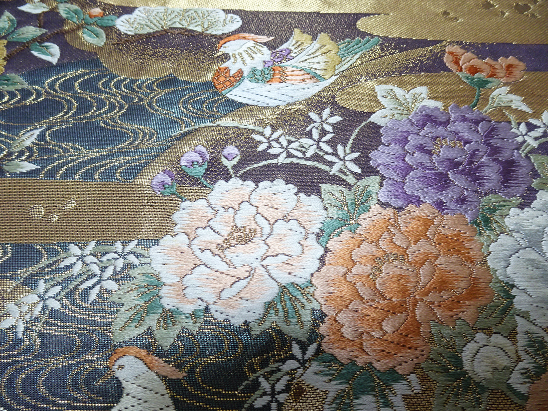 Japanese Kimono Silk Fukuro Obi 24K gold Woven pattern Bird and Flowe 12161