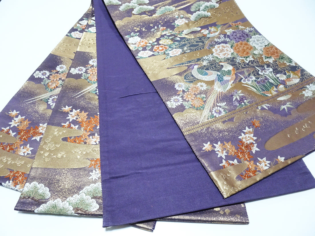 Japanese Kimono Silk Fukuro Obi 24K gold Woven pattern Bird and Flowe 12161