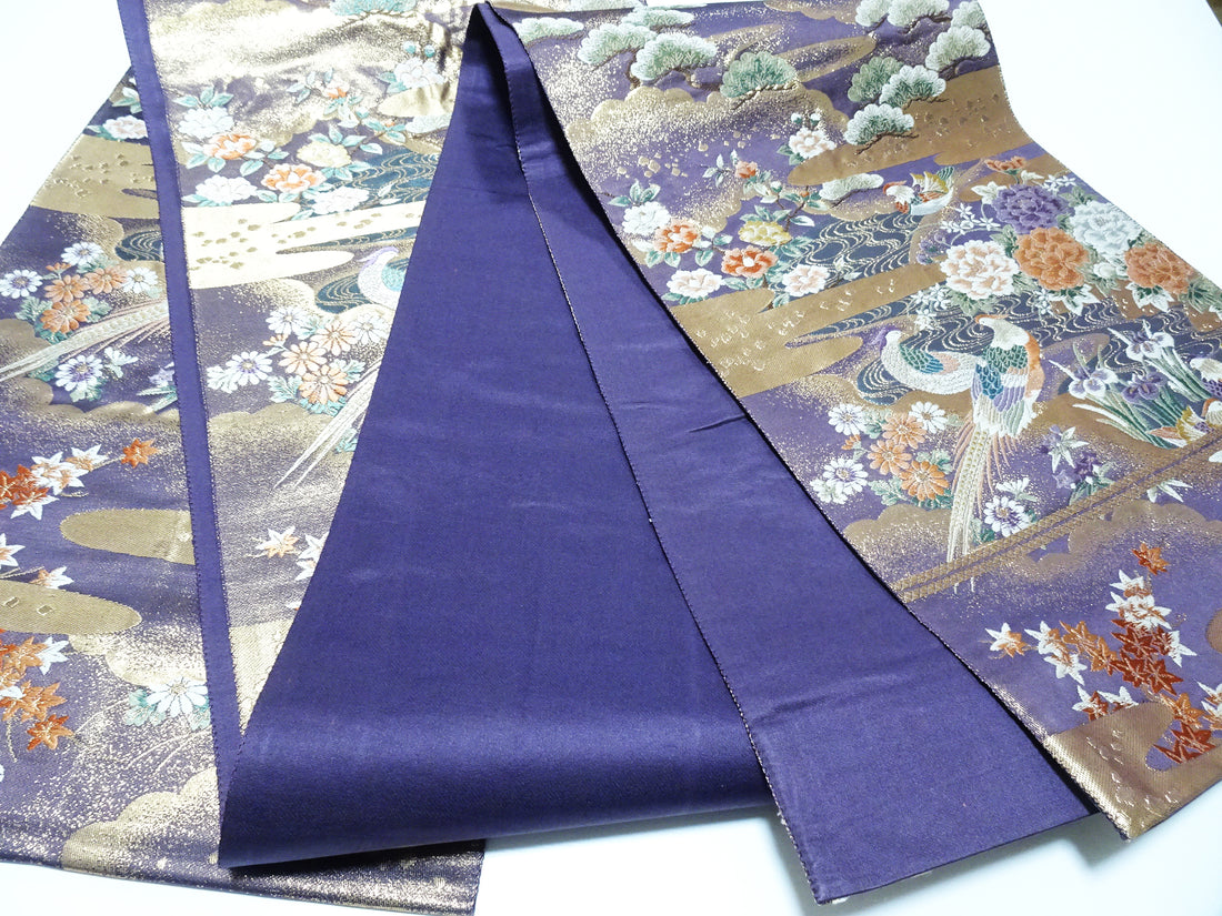 Japanese Kimono Silk Fukuro Obi 24K gold Woven pattern Bird and Flowe 12161