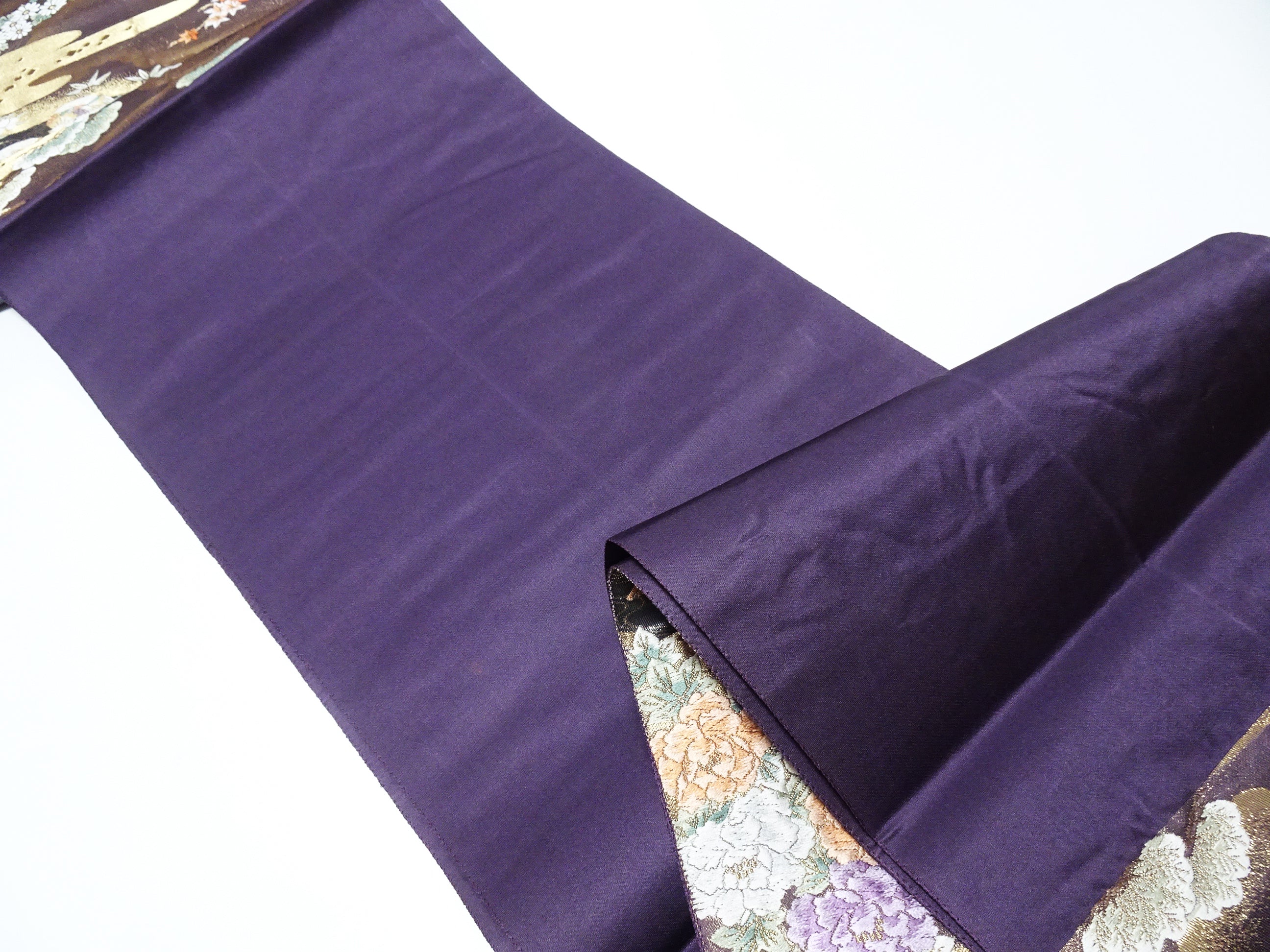 Japanese Kimono Silk Fukuro Obi 24K gold Woven pattern Bird and Flowe 12161