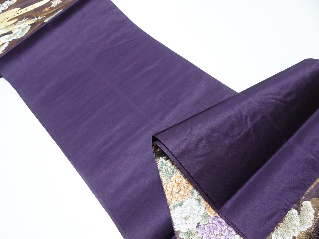 Japanese Kimono Silk Fukuro Obi 24K gold Woven pattern Bird and Flowe 12161