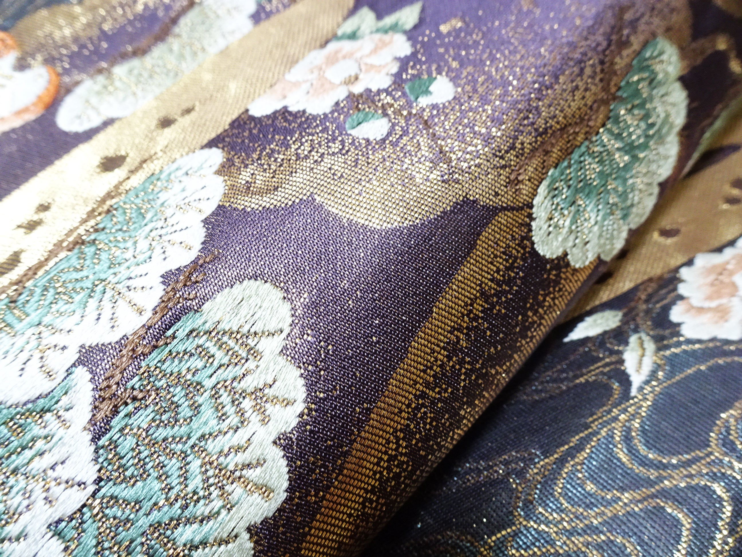 Japanese Kimono Silk Fukuro Obi 24K gold Woven pattern Bird and Flowe 12161