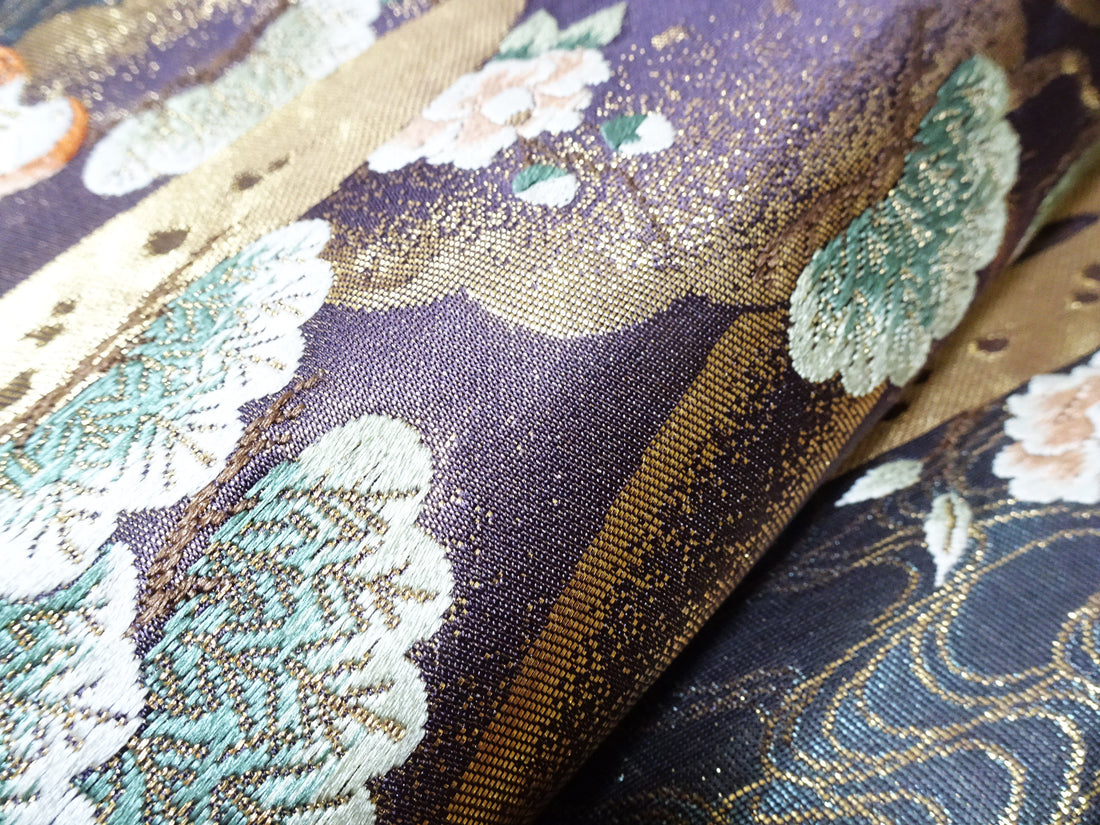 Japanese Kimono Silk Fukuro Obi 24K gold Woven pattern Bird and Flowe 12161