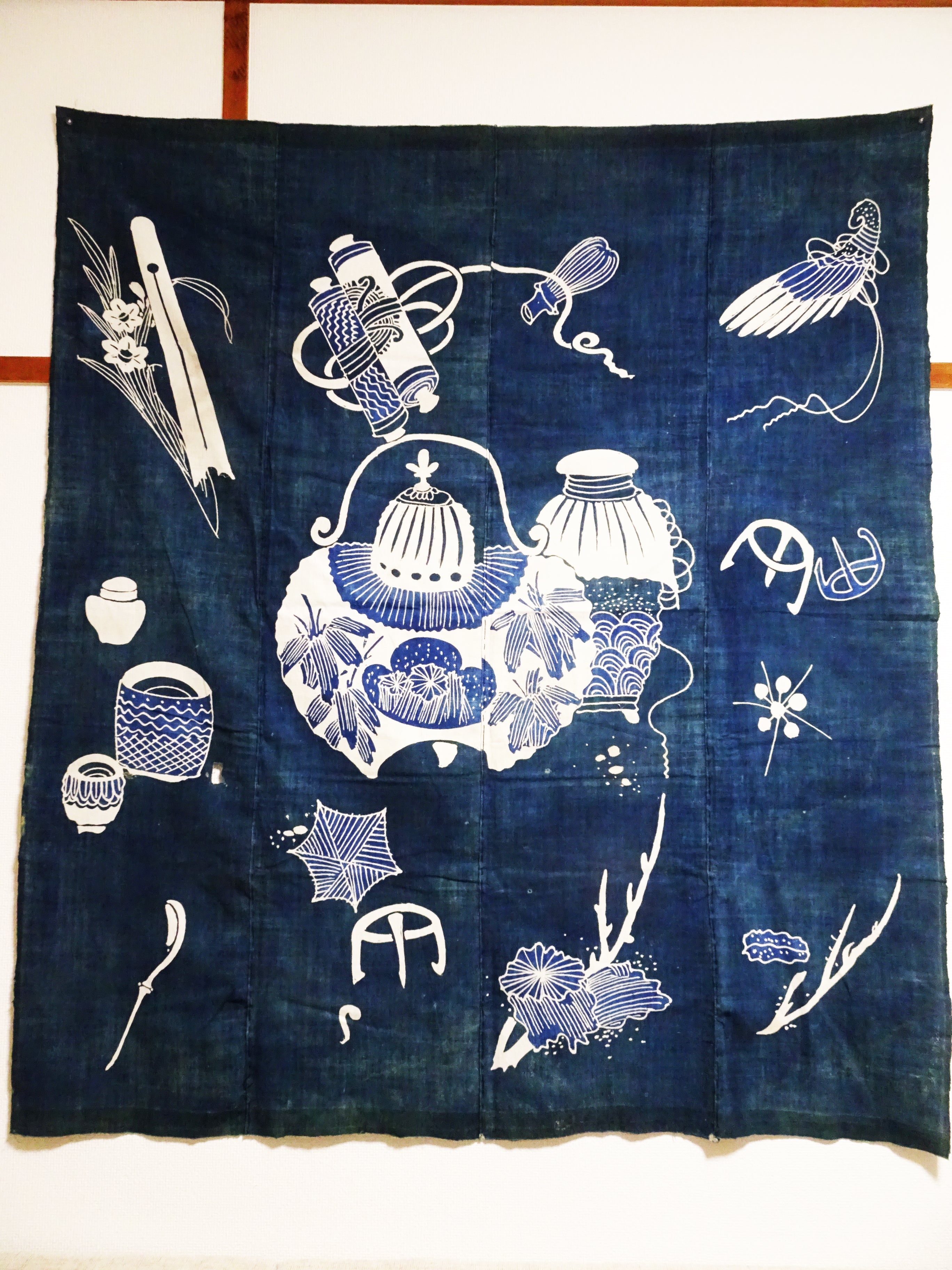 Japanese Antique Cotton Tsutsugaki Indigo Green Japanese tea utensils 7778