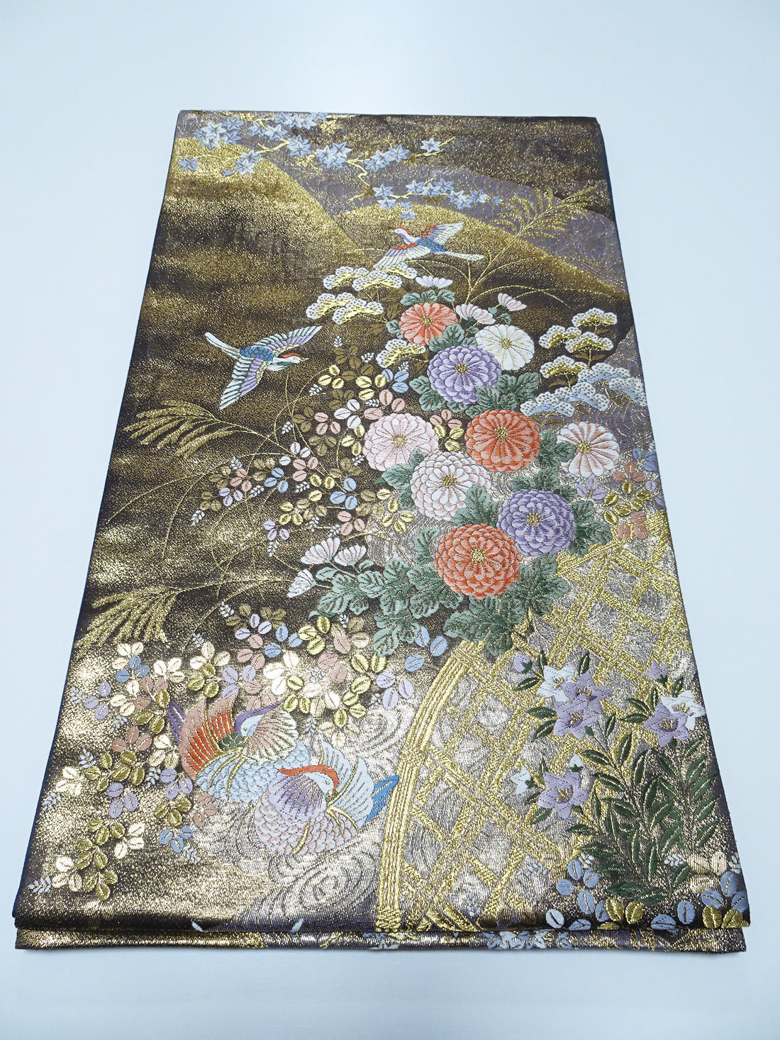 Japanese Kimono Silk Fukuro Obi 24K gold Woven pattern Bird and Flowe 12162