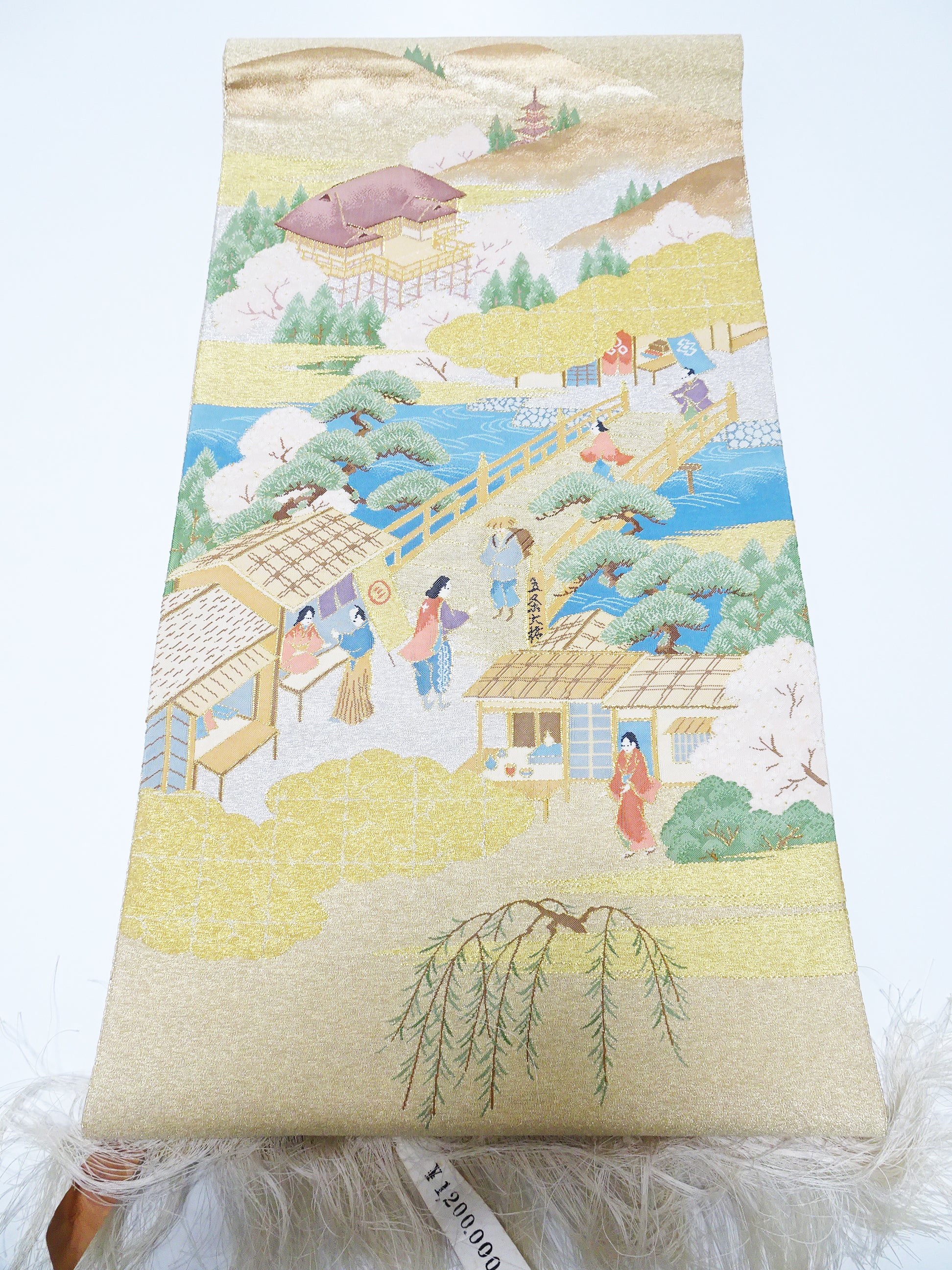 Japanese Kimono Silk Fukuro Obi Handwoven Tsuzure ori Kyoto scenery Pattern 11764