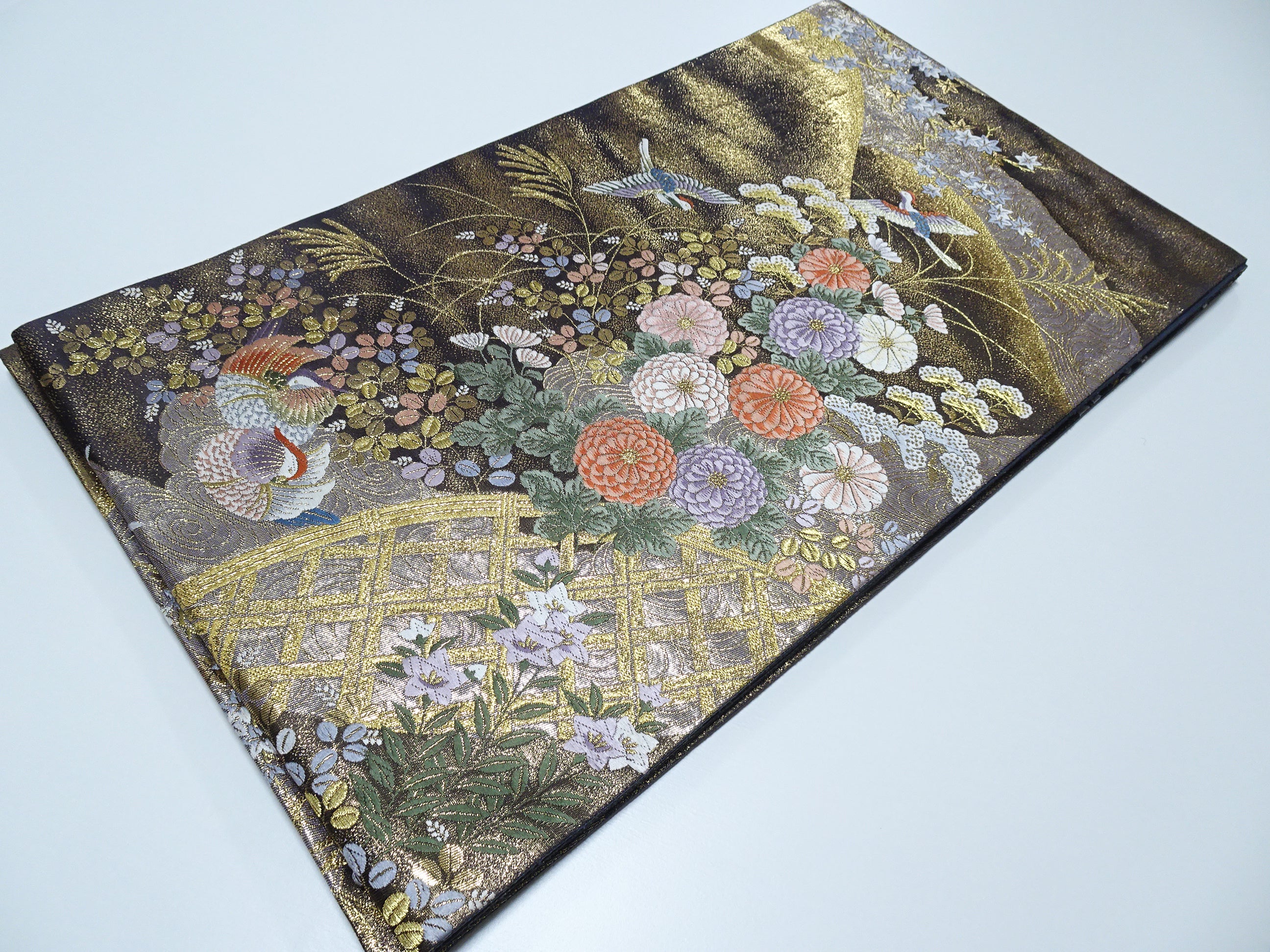 Japanese Kimono Silk Fukuro Obi 24K gold Woven pattern Bird and Flowe 12162