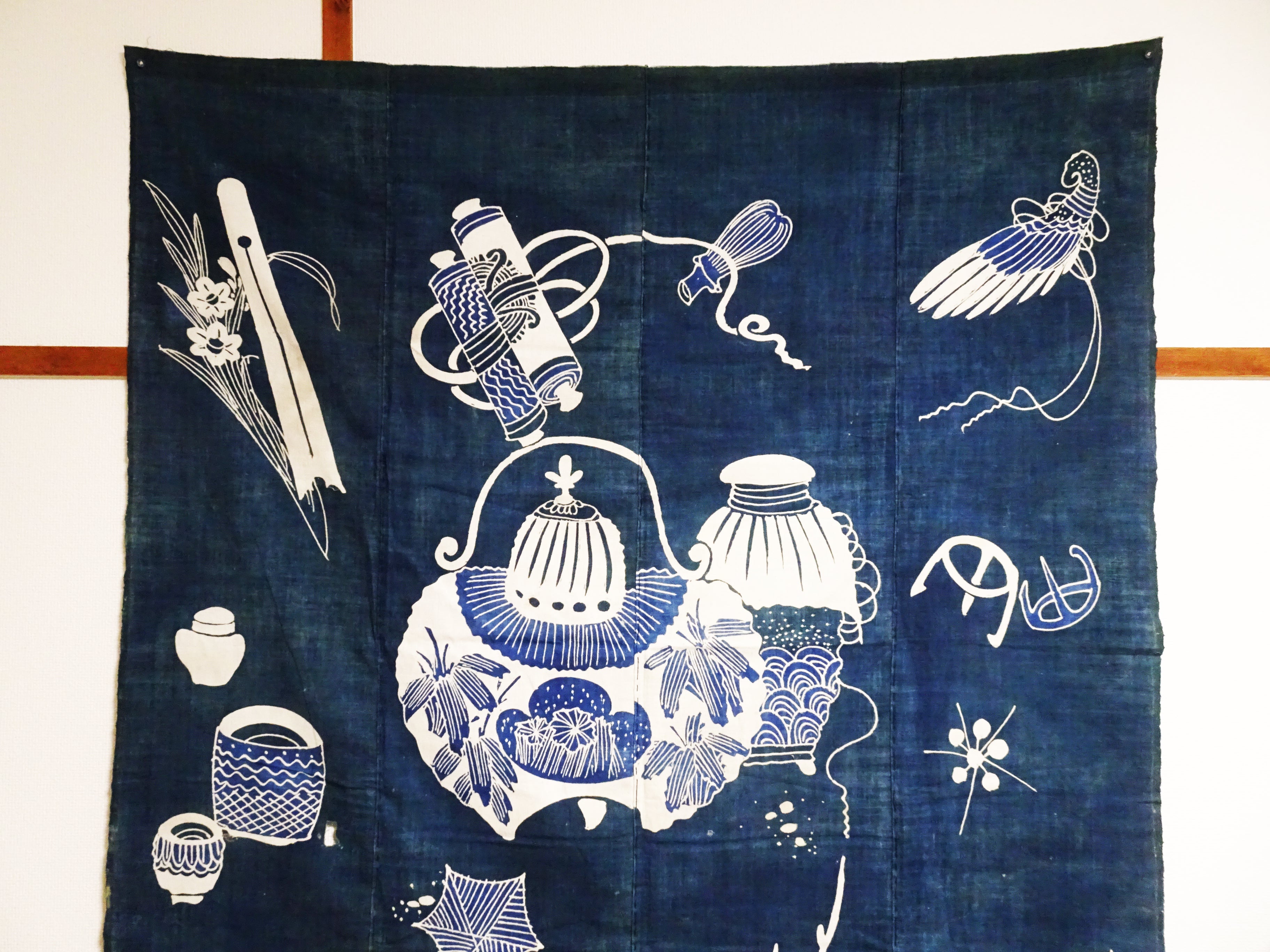 Japanese Antique Cotton Tsutsugaki Indigo Green Japanese tea utensils 7778