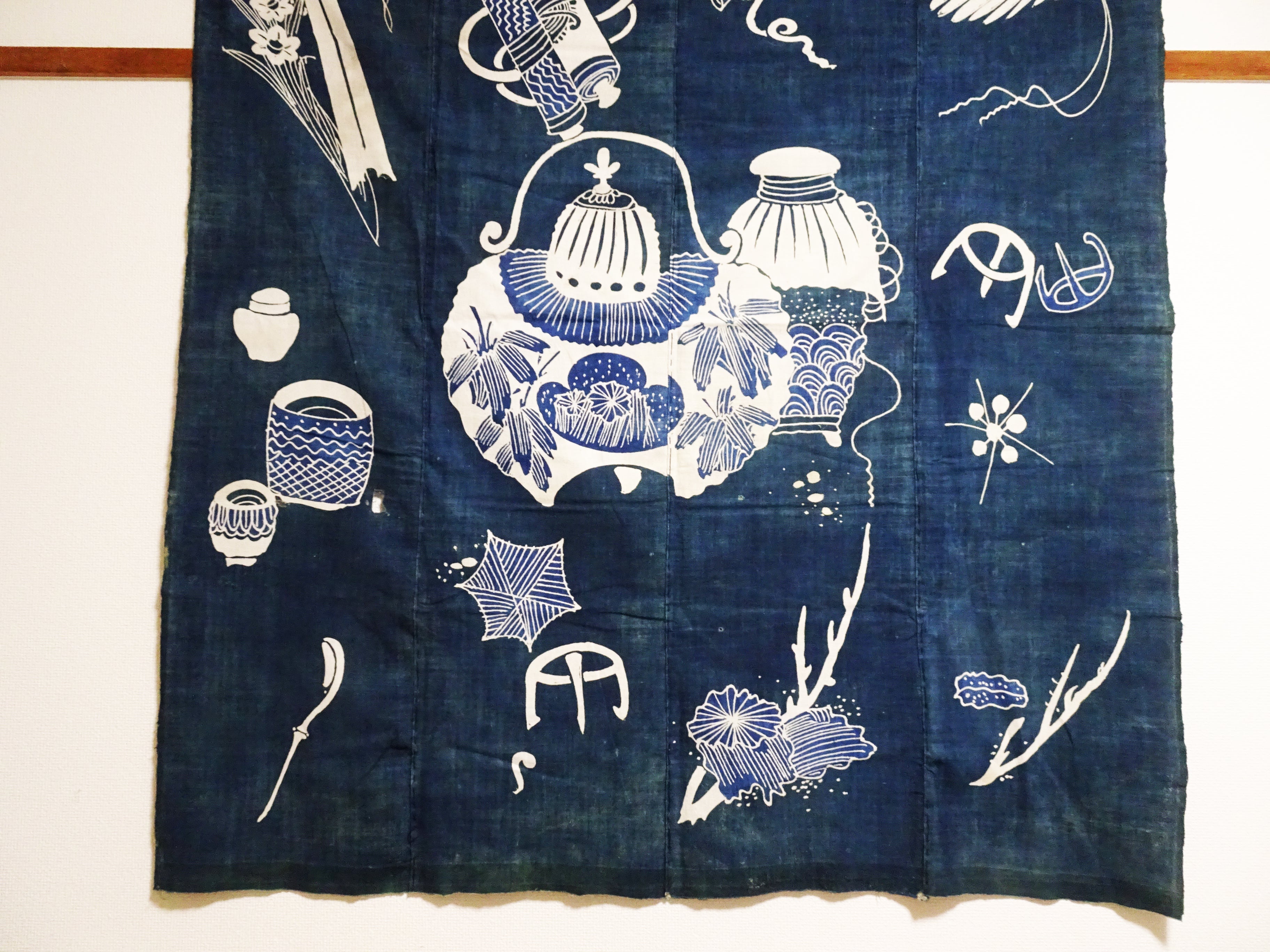 Japanese Antique Cotton Tsutsugaki Indigo Green Japanese tea utensils 7778