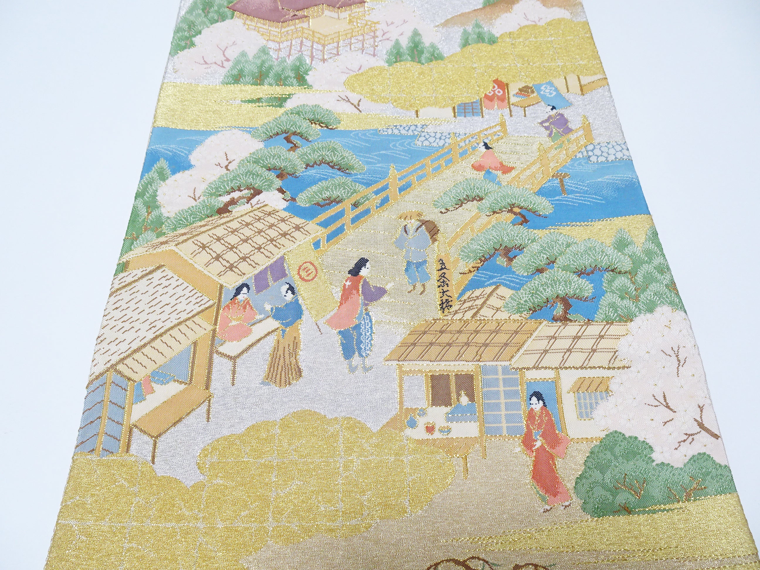 Japanese Kimono Silk Fukuro Obi Handwoven Tsuzure ori Kyoto scenery Pattern 11764