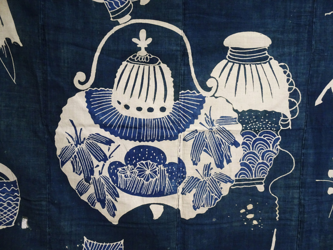 Japanese Antique Cotton Tsutsugaki Indigo Green Japanese tea utensils 7778