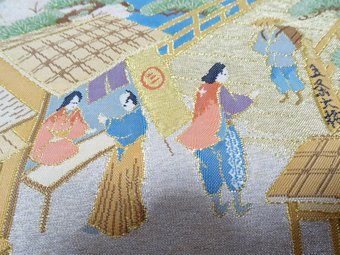 Japanese Kimono Silk Fukuro Obi Handwoven Tsuzure ori Kyoto scenery Pattern 11764