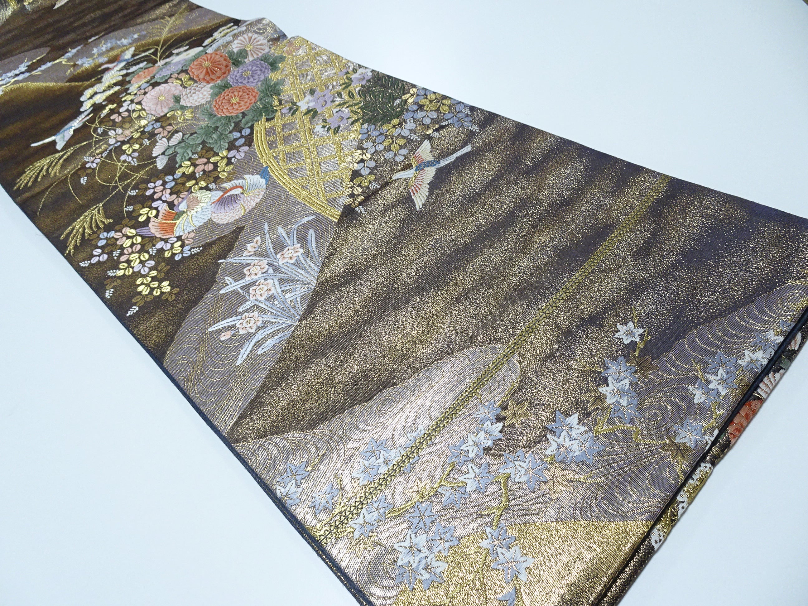 Japanese Kimono Silk Fukuro Obi 24K gold Woven pattern Bird and Flowe 12162