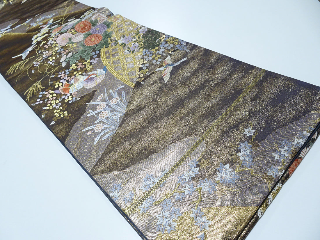 Japanese Kimono Silk Fukuro Obi 24K gold Woven pattern Bird and Flowe 12162