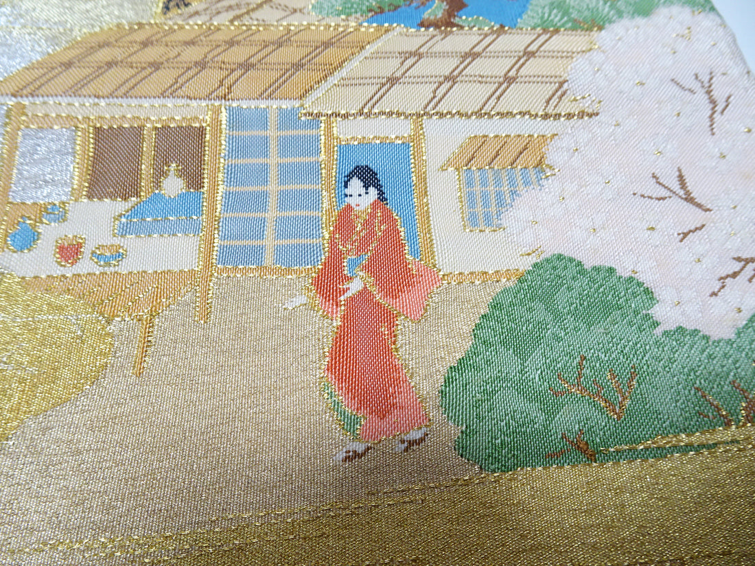 Japanese Kimono Silk Fukuro Obi Handwoven Tsuzure ori Kyoto scenery Pattern 11764