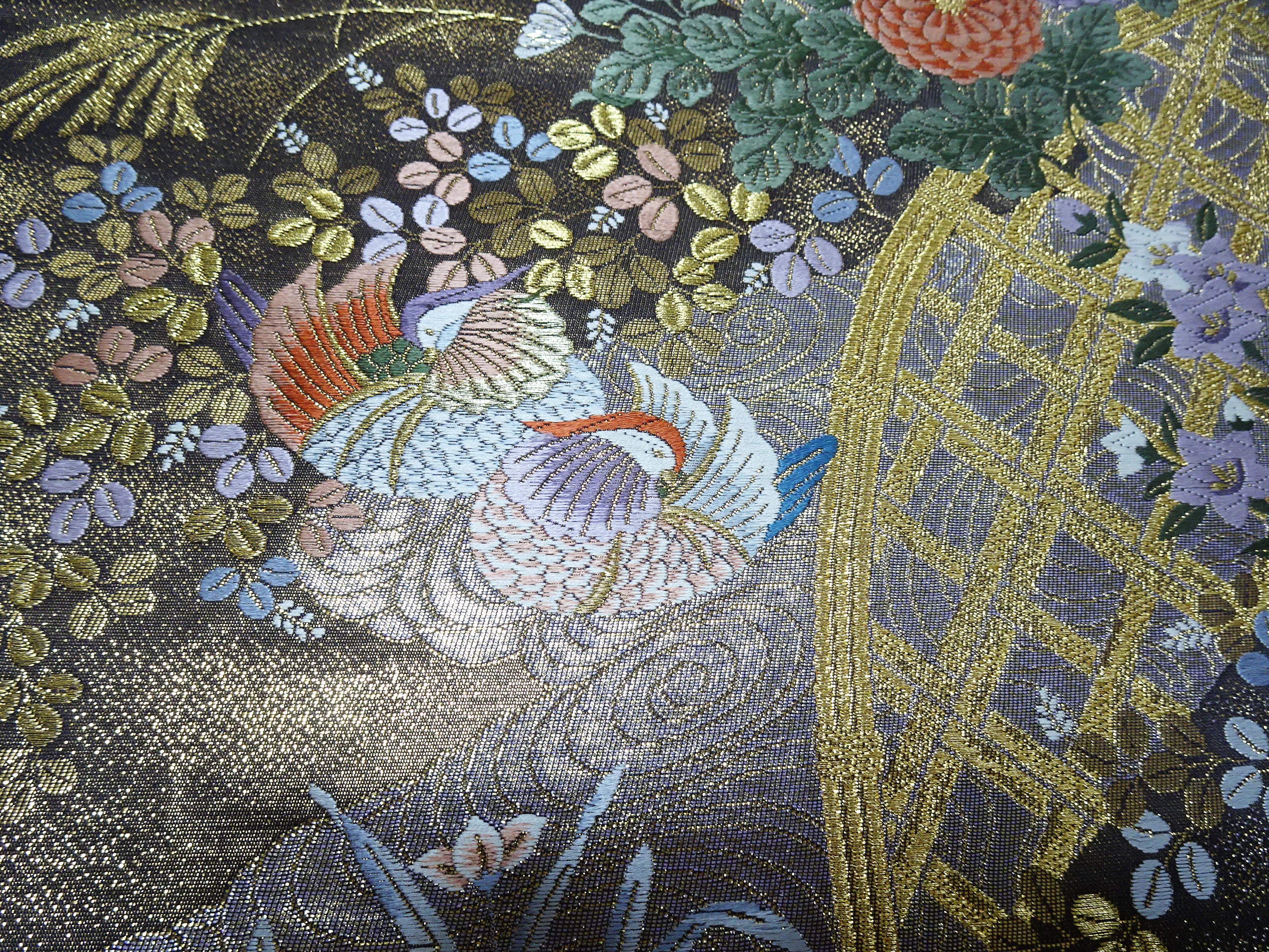 Japanese Kimono Silk Fukuro Obi 24K gold Woven pattern Bird and Flowe 12162