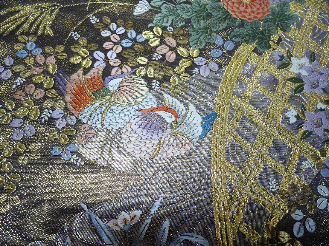 Japanese Kimono Silk Fukuro Obi 24K gold Woven pattern Bird and Flowe 12162