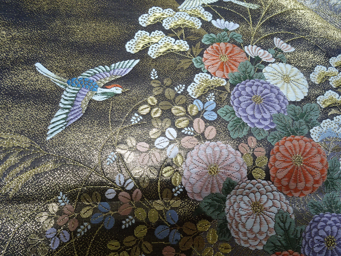 Japanese Kimono Silk Fukuro Obi 24K gold Woven pattern Bird and Flowe 12162