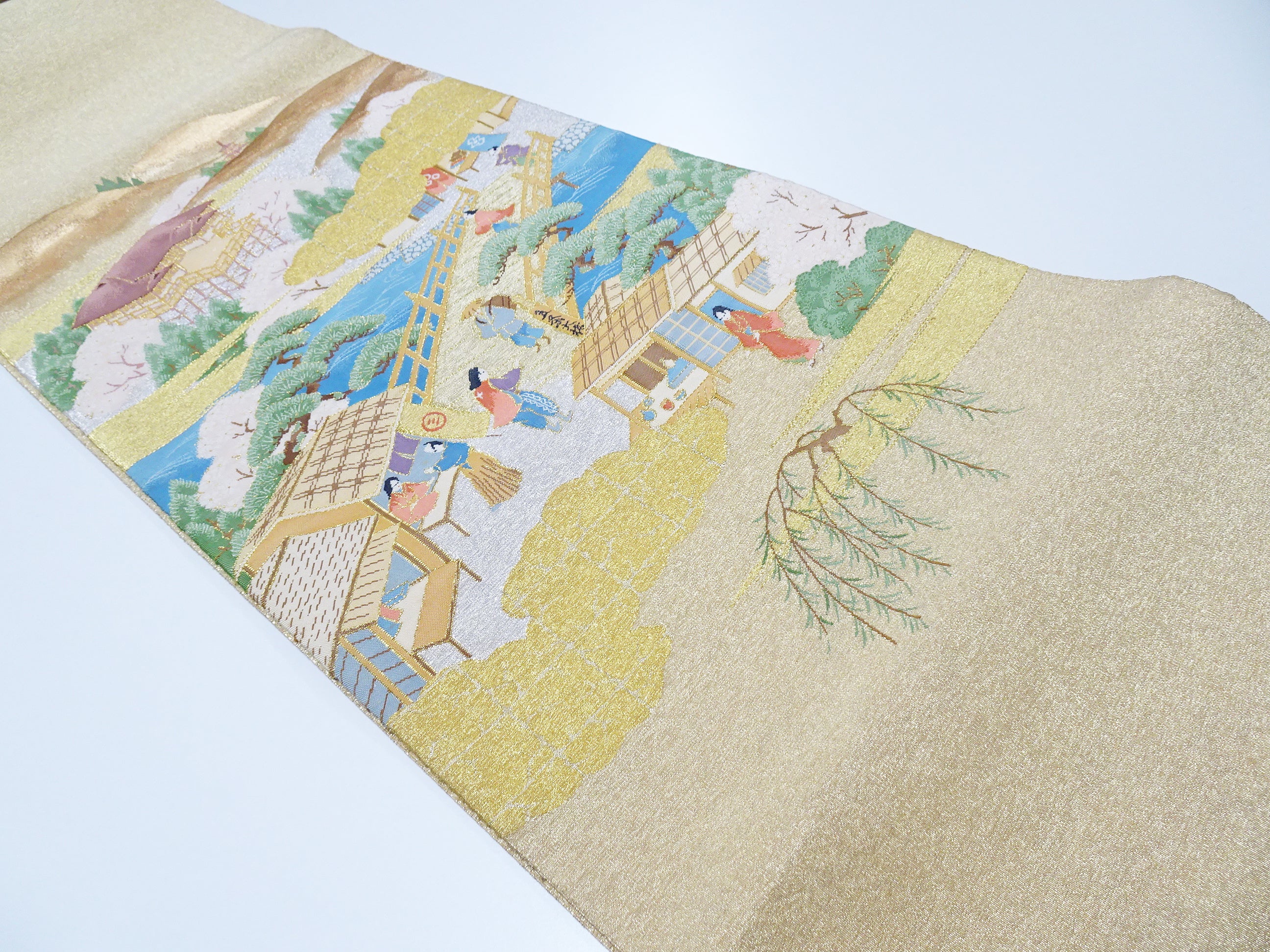 Japanese Kimono Silk Fukuro Obi Handwoven Tsuzure ori Kyoto scenery Pattern 11764