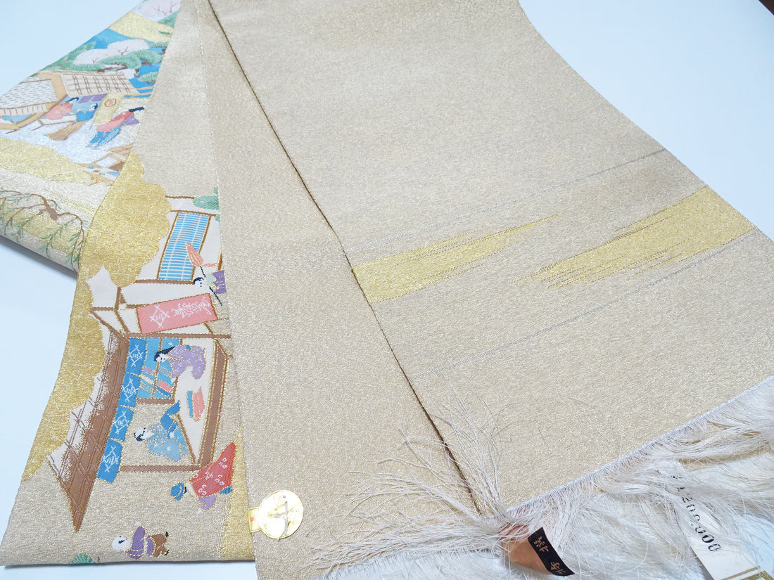 Japanese Kimono Silk Fukuro Obi Handwoven Tsuzure ori Kyoto scenery Pattern 11764