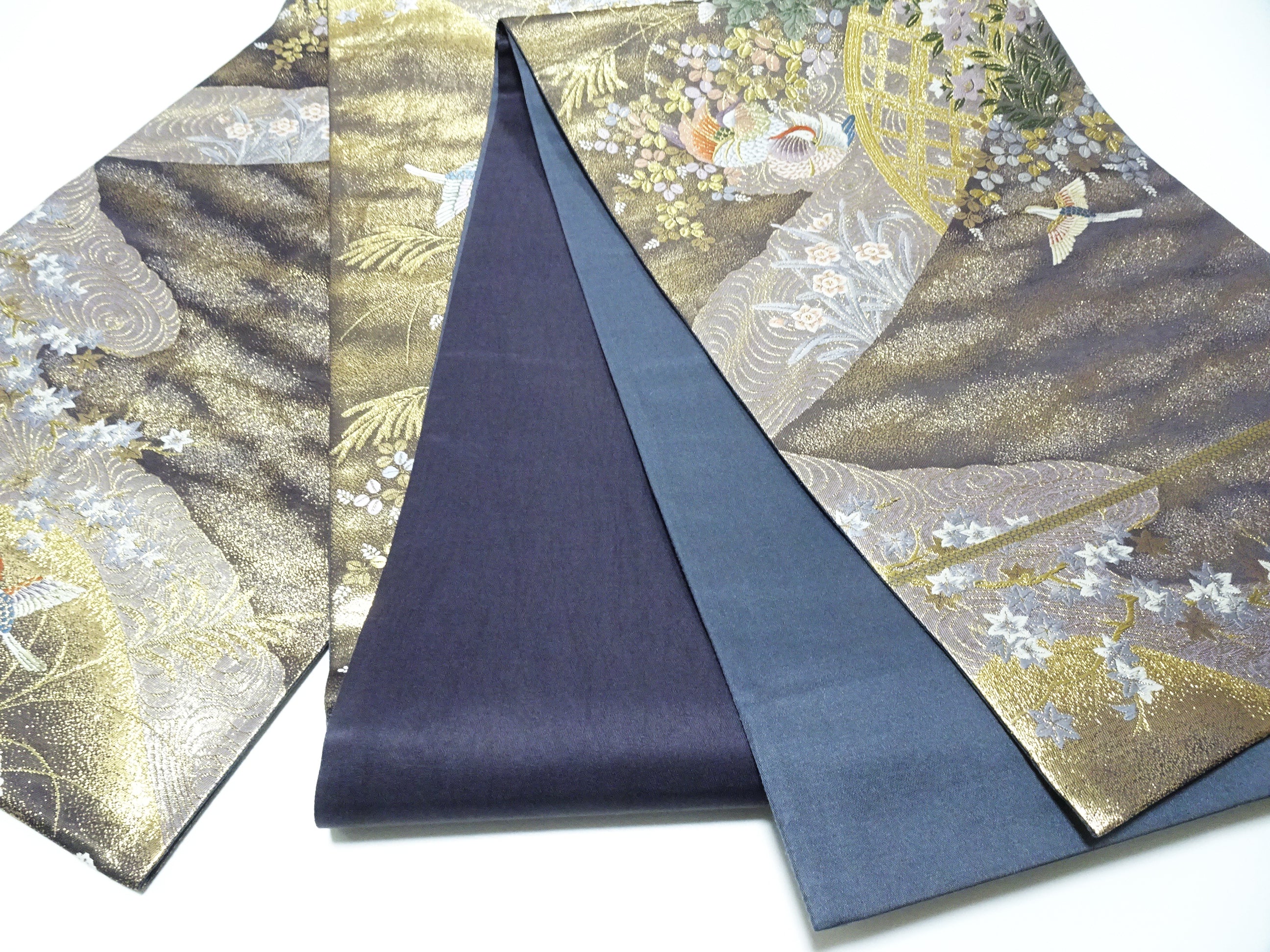 Japanese Kimono Silk Fukuro Obi 24K gold Woven pattern Bird and Flowe 12162