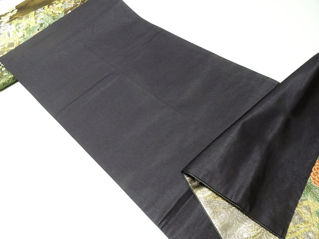 Japanese Kimono Silk Fukuro Obi 24K gold Woven pattern Bird and Flowe 12162