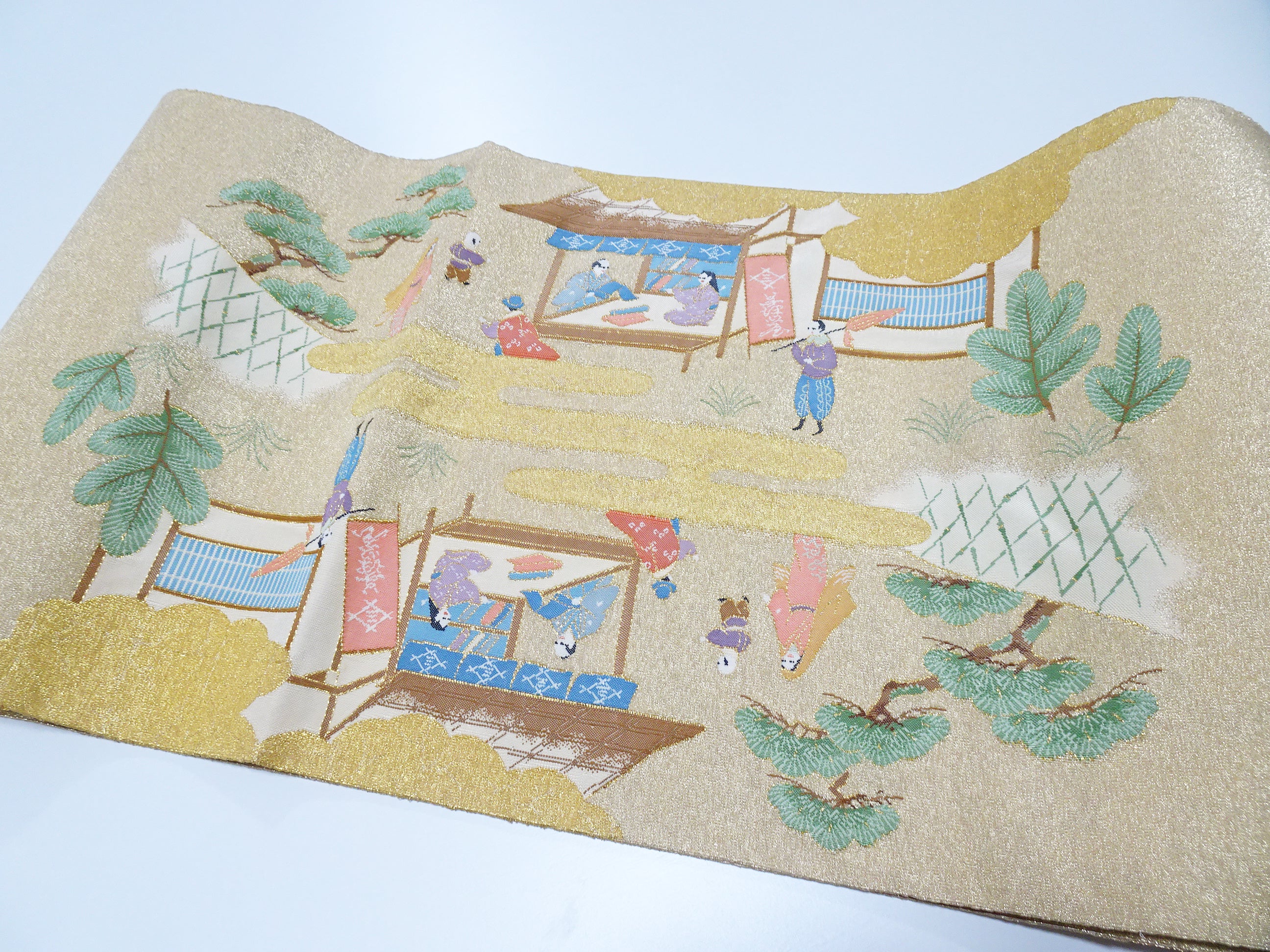 Japanese Kimono Silk Fukuro Obi Handwoven Tsuzure ori Kyoto scenery Pattern 11764