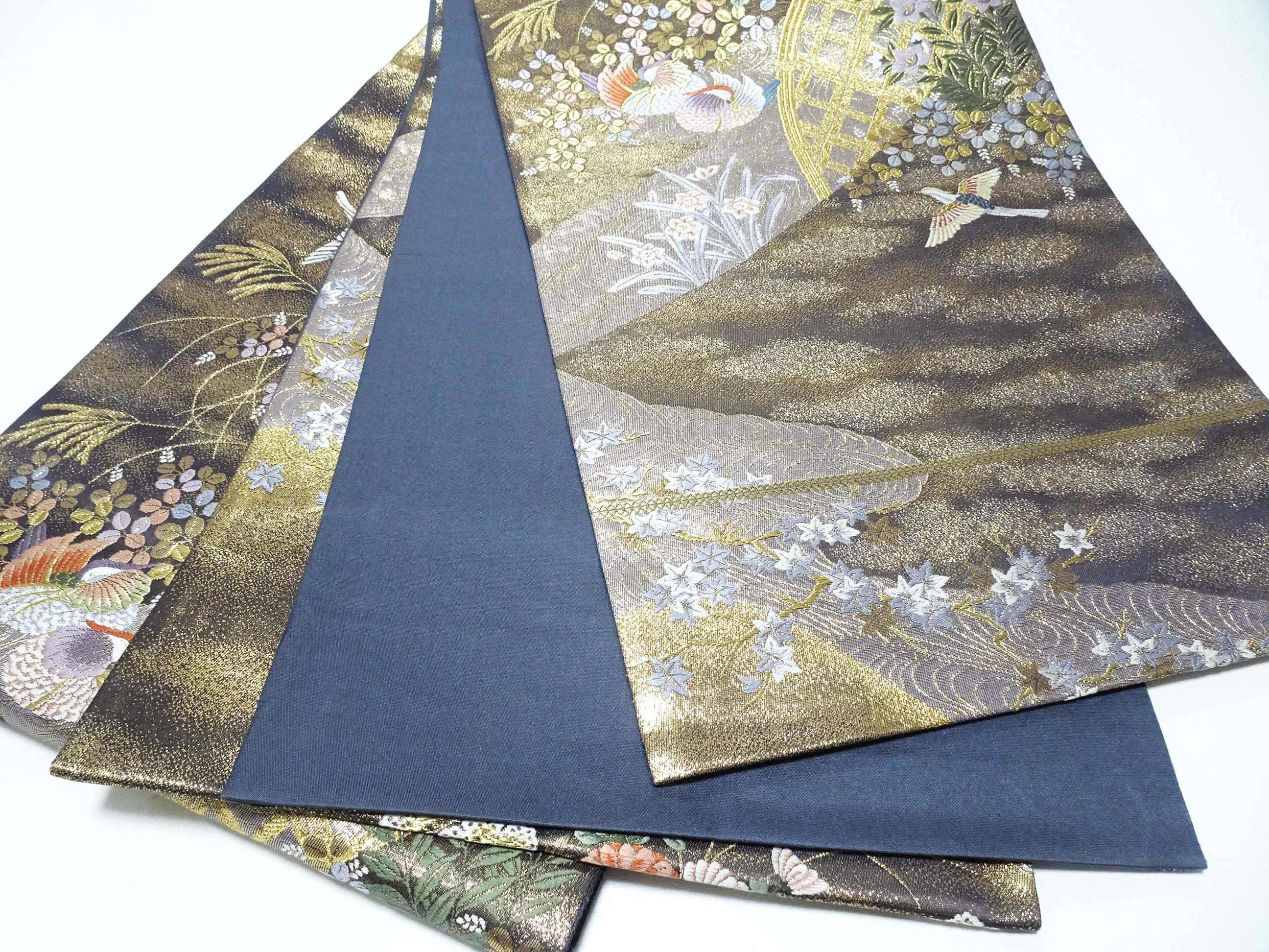 Japanese Kimono Silk Fukuro Obi 24K gold Woven pattern Bird and Flowe 12162