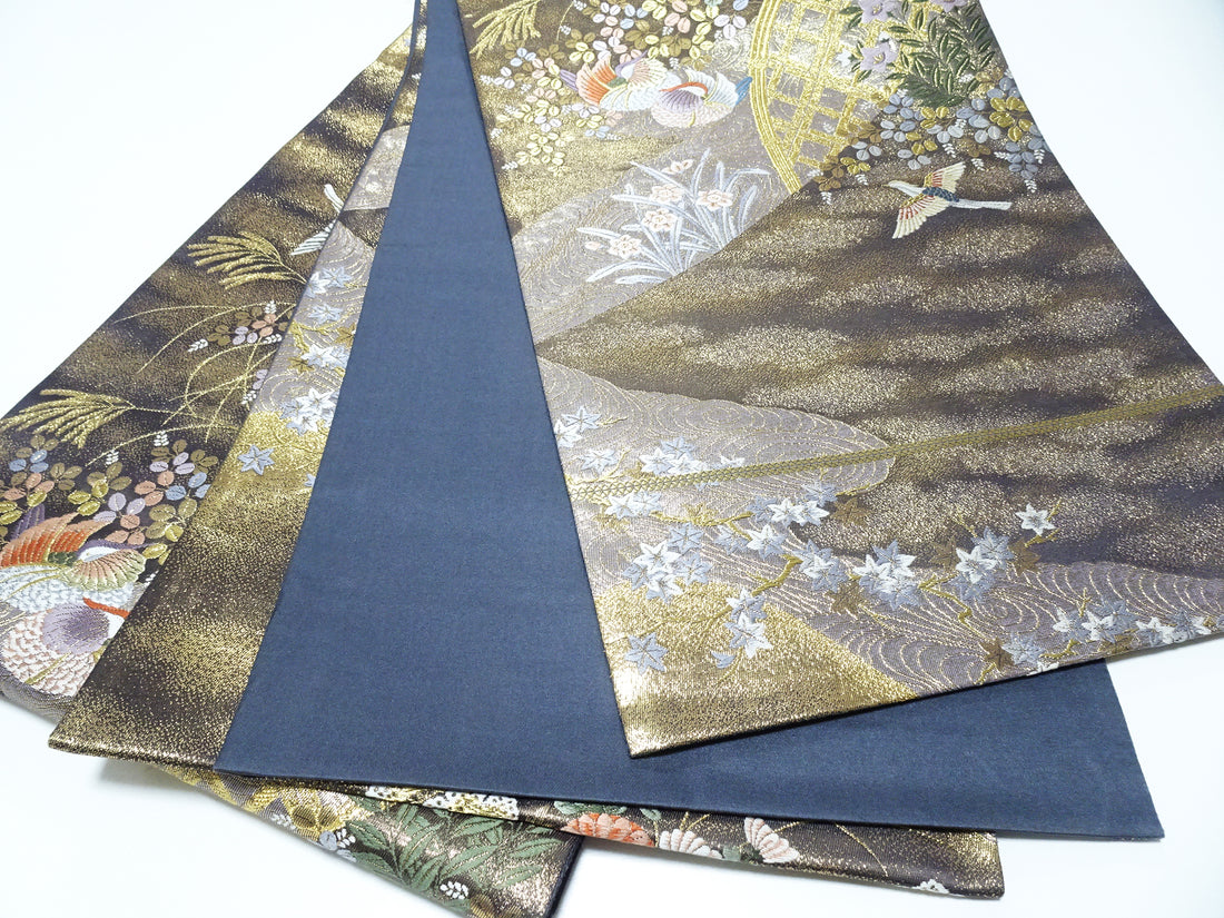 Japanese Kimono Silk Fukuro Obi 24K gold Woven pattern Bird and Flowe 12162