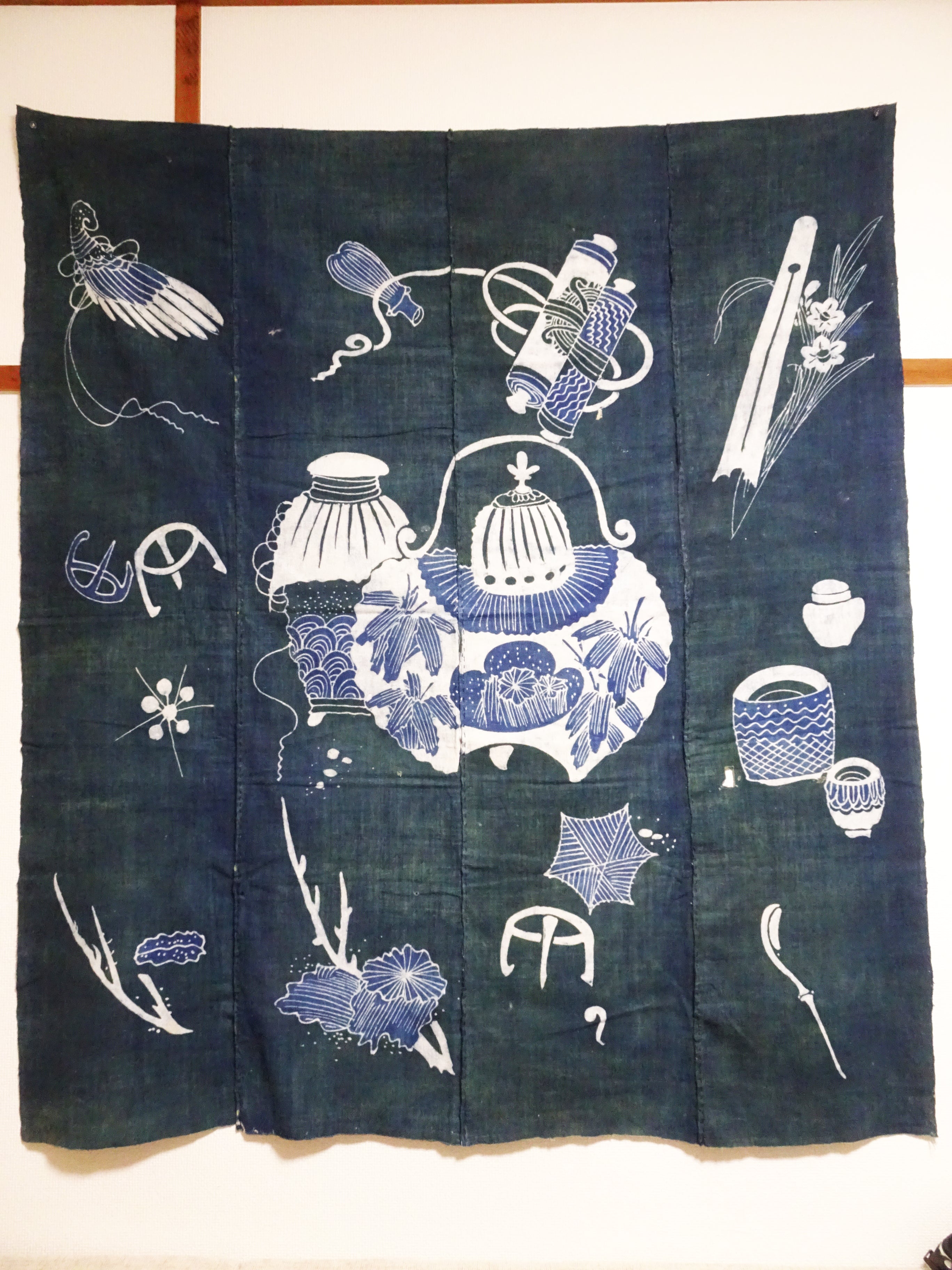 Japanese Antique Cotton Tsutsugaki Indigo Green Japanese tea utensils 7778