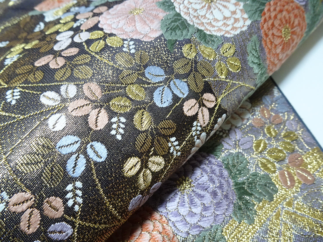 Japanese Kimono Silk Fukuro Obi 24K gold Woven pattern Bird and Flowe 12162