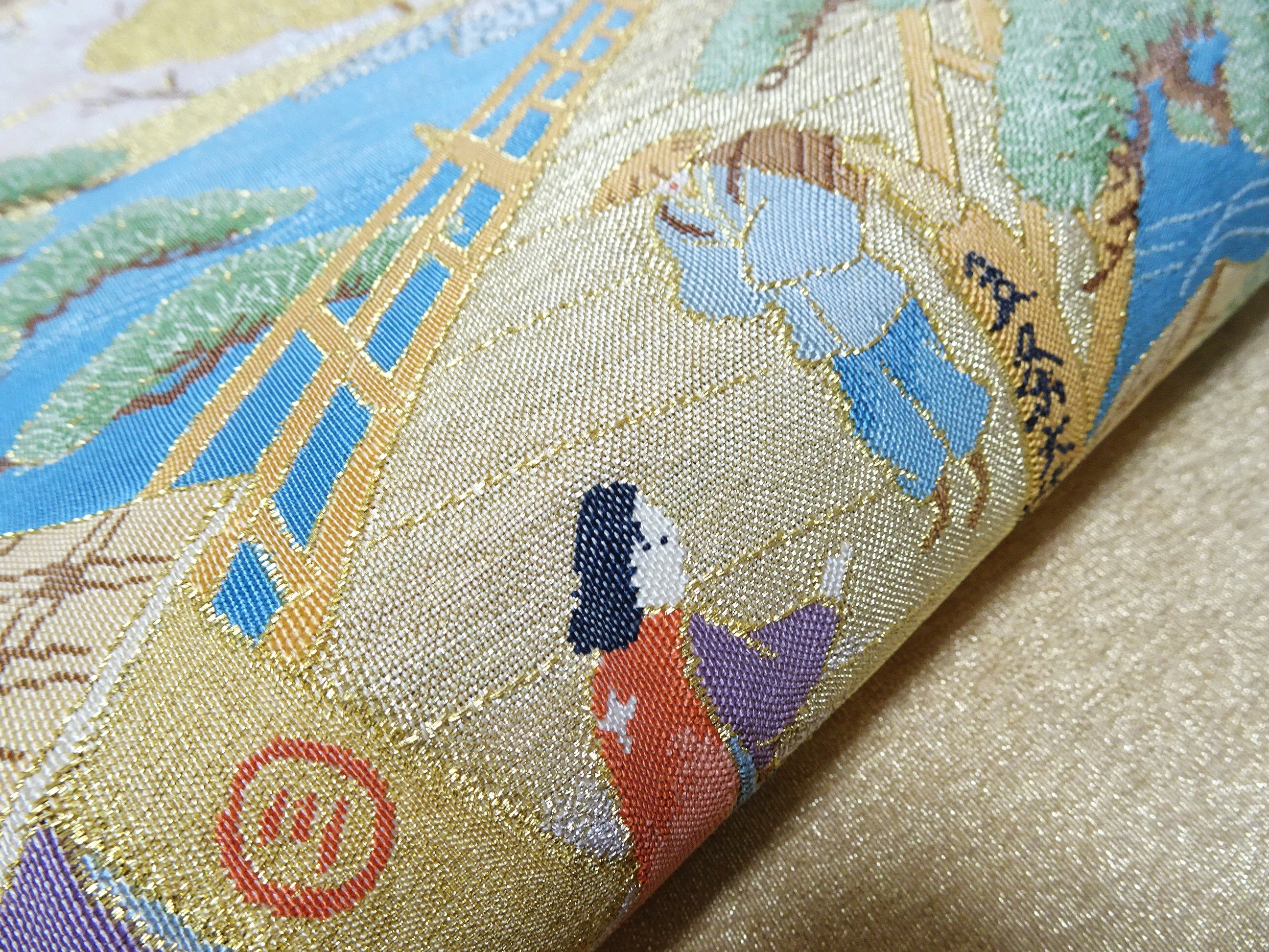 Japanese Kimono Silk Fukuro Obi Handwoven Tsuzure ori Kyoto scenery Pattern 11764