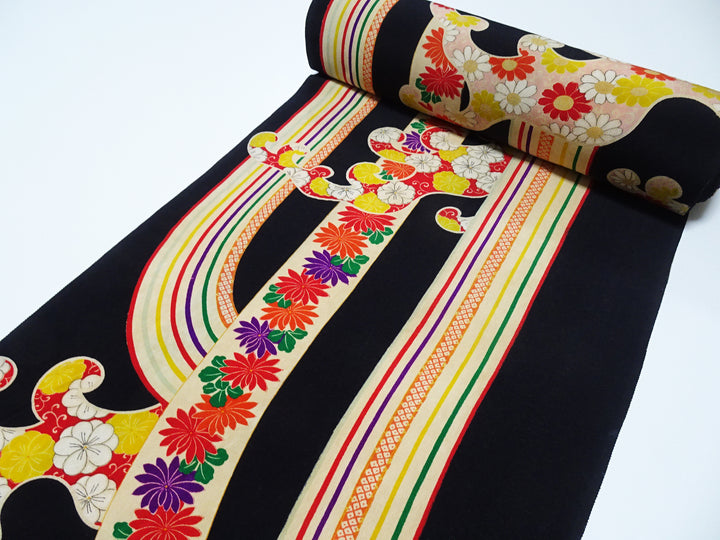 Japanese Kimono Vintage Silk Bolt Yuzen Dyed Wave Pattern 11958  Black 1200cm.