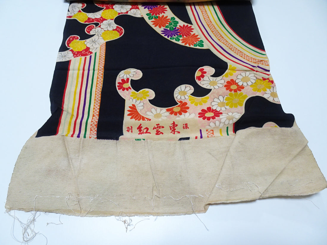 Japanese Kimono Vintage Silk Bolt Yuzen Dyed Wave Pattern 11958  Black 1200cm.