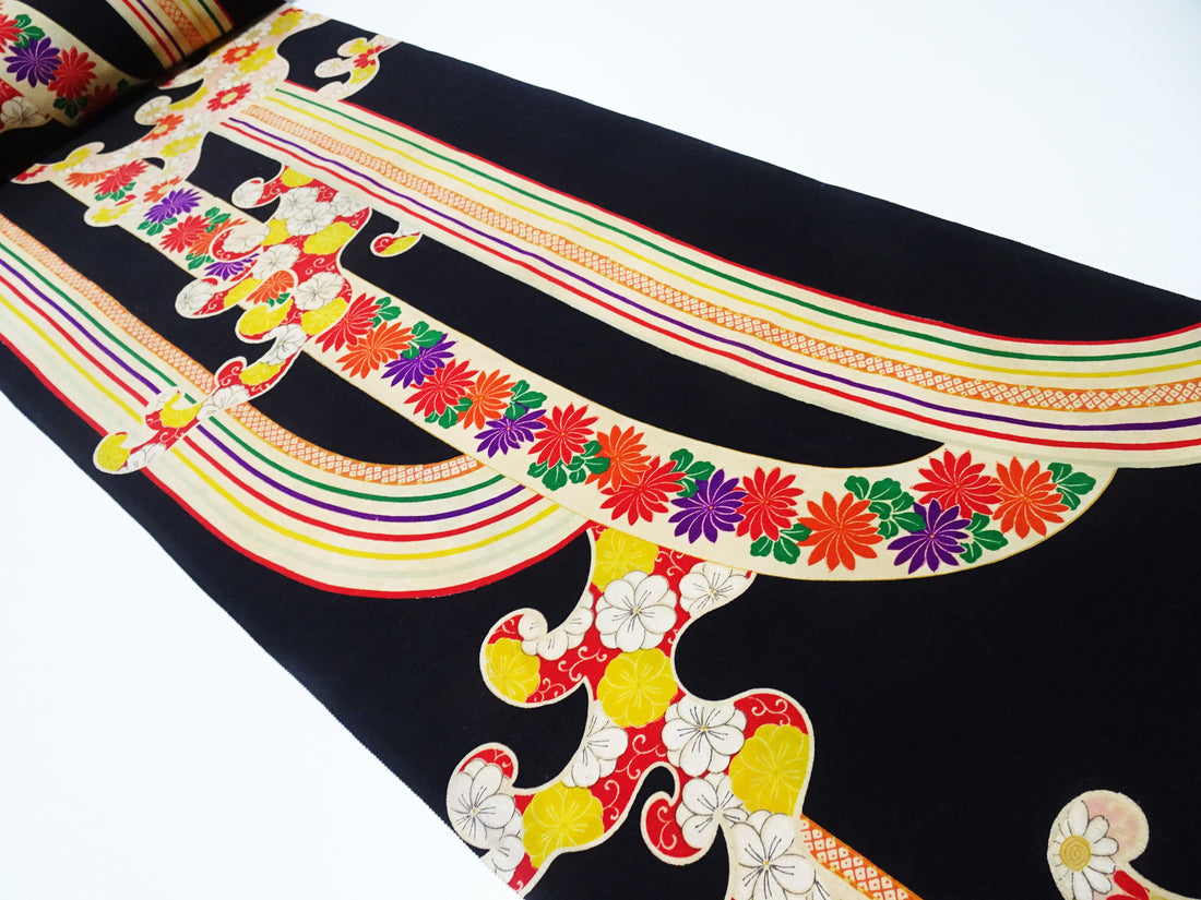 Japanese Kimono Vintage Silk Bolt Yuzen Dyed Wave Pattern 11958  Black 1200cm.