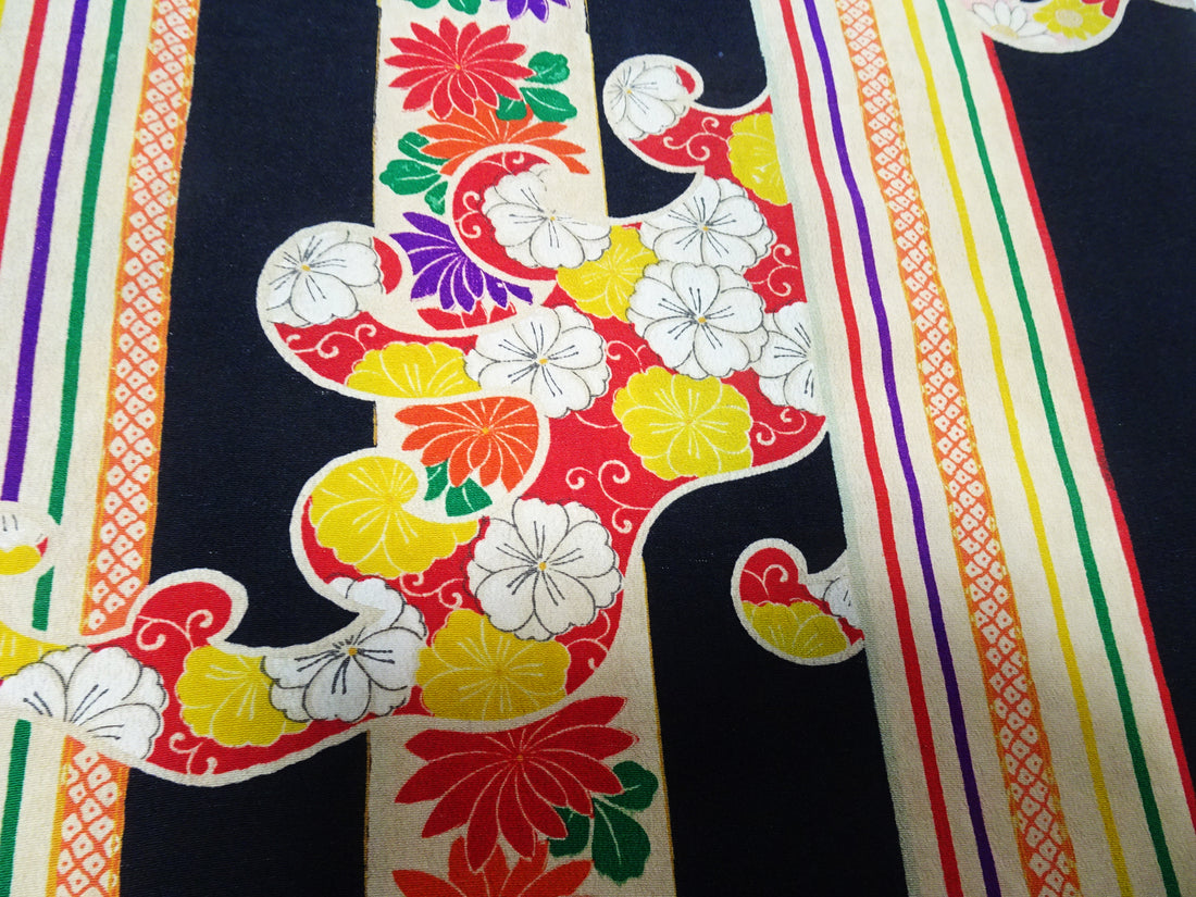 Japanese Kimono Vintage Silk Bolt Yuzen Dyed Wave Pattern 11958  Black 1200cm.