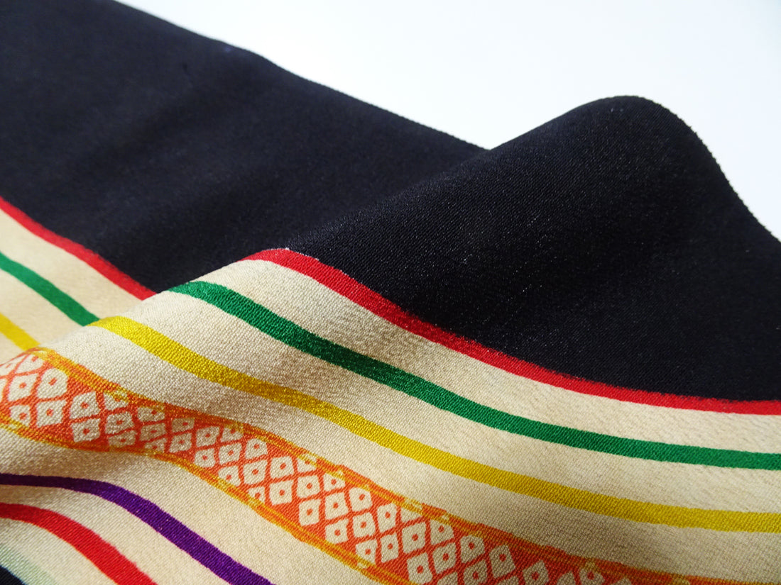 Japanese Kimono Vintage Silk Bolt Yuzen Dyed Wave Pattern 11958  Black 1200cm.