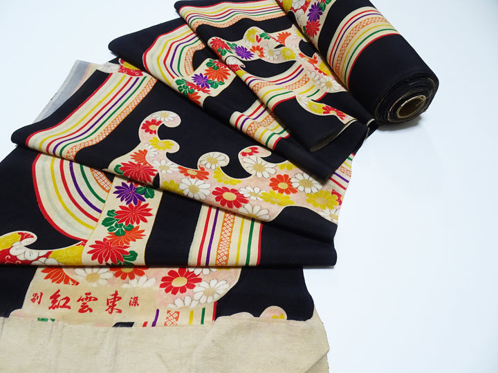 Japanese Kimono Vintage Silk Bolt Yuzen Dyed Wave Pattern 11958  Black 1200cm.