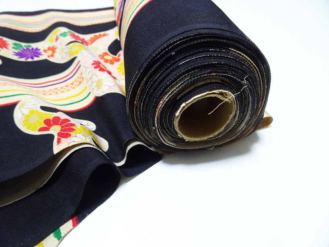 Japanese Kimono Vintage Silk Bolt Yuzen Dyed Wave Pattern 11958  Black 1200cm.